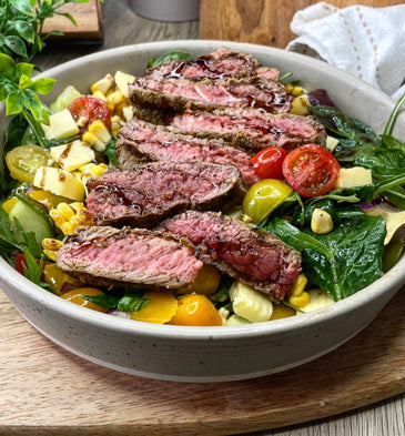 Garlic Butter Infused Steak Slices on Salad with Balsamic Vinegar Drizzle