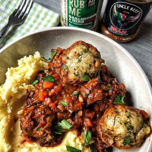 Slow Cooked Beef Shin with Fluffy Garlic & Herb Dumplings