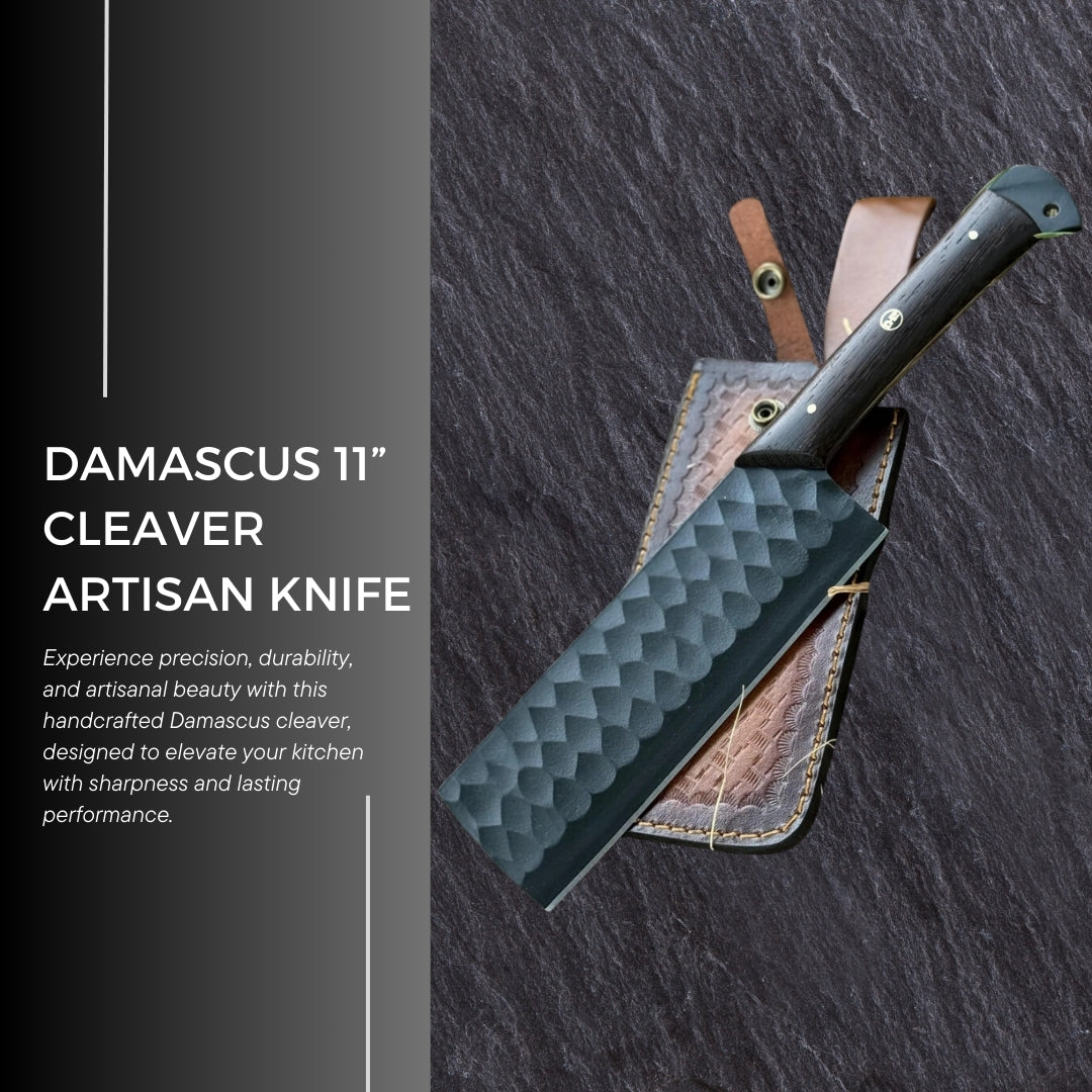 🔥 DAMASCUS 11” CLEAVER ARTISAN KNIFE CARBON STEEL WITH SHEATH (BLACK)